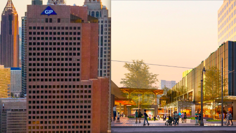 A large stair-stepped skyscraper shown under a sunny sky with many other buildings around in downtown Atlanta. 