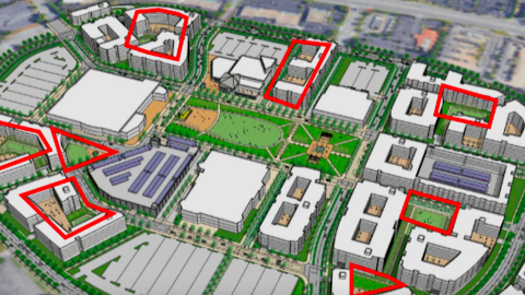 An overview rendering of plans for transforming a suburban mall outside Atlanta into mixed-uses, with a greenspace in the middle.