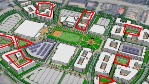 An overview rendering of plans for transforming a suburban mall outside Atlanta into mixed-uses, with a greenspace in the middle. 