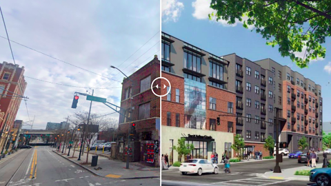 A photo of a corner in Atlanta with a large empty building on it where a large development is planned.