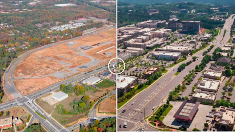 A huge development in north suburban Atlanta shown near many forested areas and big highways.