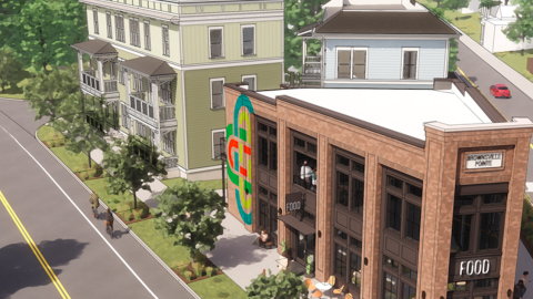 A rendering showing a small three-building new development on a pie-shaped corner near many houses in Atlanta. 