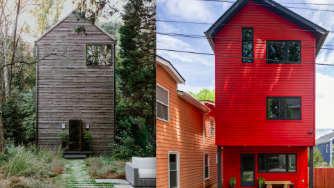 A photo of two modern houses, one wooden in the woods and the other very red. 