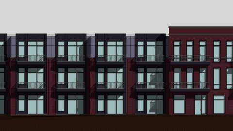 An image of a proposed three story brick and glass development on a corner of the West End in Atlanta, near a wide street.