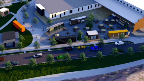 a rendering showing how Container Courtyard plans eventually call for 10 permanent businesses on site near the Beltline. 