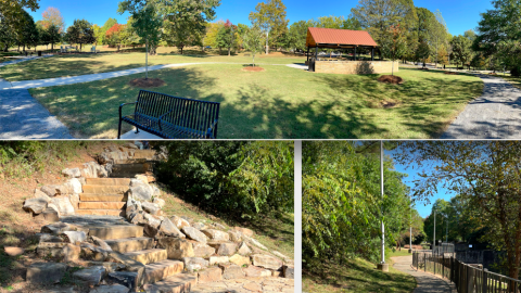 A photo of an upgraded park with several walkways, an outdoor gym and a pavilion under blue skies in southwest Atlanta. 