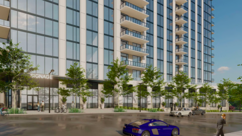 A rendering showing a large white and glass stack of condos on a wide Atlanta street with trees and fancy cars in front against a blue sky. 