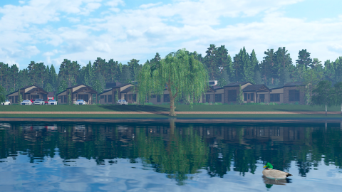 An image of a huge, luxury RV resort on a lake in North Georgia with many brown buildings and a large communal pool near fire pits.