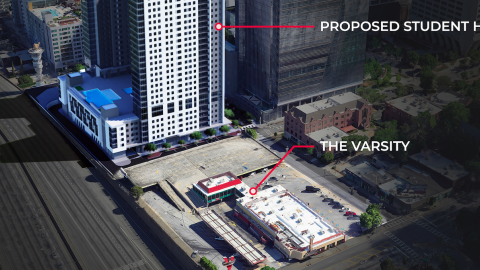 An image showing a site location for a large white and gray student housing tower in Midtown Atlanta. 