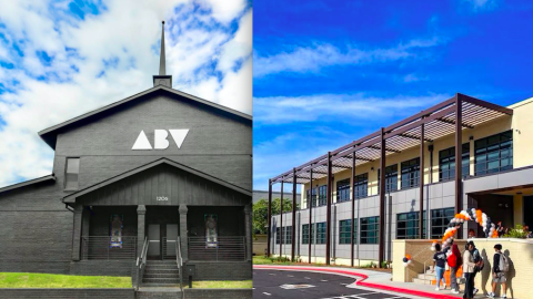 An image of two buildings under blue skies in Atlanta under clouds.