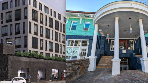 A split-screen image of two large buildings in two Atlanta neighborhoods under blue skies near wide streets.