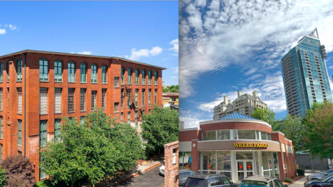 A split-screen image of two large buildings in Atlanta under blue skies near huge parking lots.