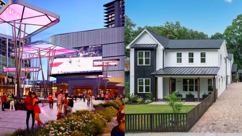 A split-screen image of two different scenes in Atlanta under blue skies.