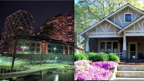 A split screen of large buildings and an old pretty Atlanta house with flowers in the front.