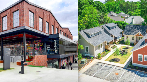 A split screen showing two places in Atlanta under blue skies next to wide parking lots around Atlanta.