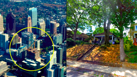 A split screen image of two large neighborhoods in Atlanta under blue skies with many buildings and homes. 