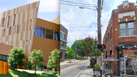 A split screen image of two neighborhoods in Atlanta, under blue skies. 