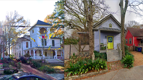 A split-screen image of two residential neighborhoods in Atlanta under clear skies with old houses large and small.