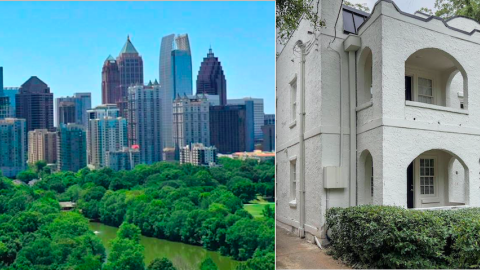 A split screen image of two large neighborhoods in Atlanta under blue skies with many buildings and homes. 