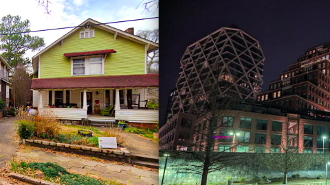 A split-screen image of two different cities in suburban atlatna with many buildings and small parks. 