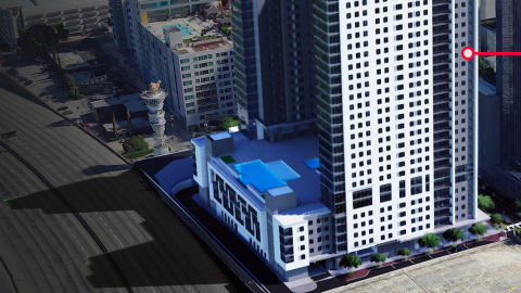 A rendering proposal of a white and blue new tower over a large Midtown freeway in Atlanta. 