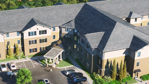 A rendering for a large new senior housing complex that's white and beige with a gray roof under blue skies.