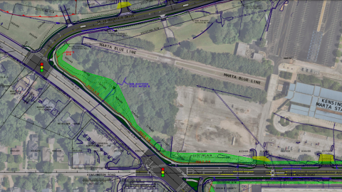 An image showing a trail project surrounding a large MARTA station complex with parking lots and wide streets east of Atlanta.