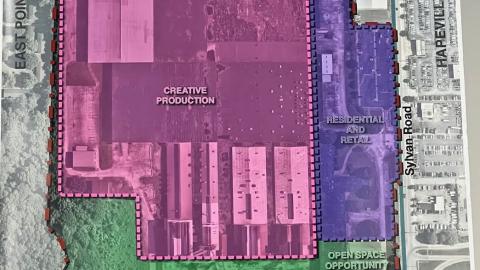 An image of a large factory site near the Atlanta airport and a wide expressway that's slated for redevelopment in East Point.