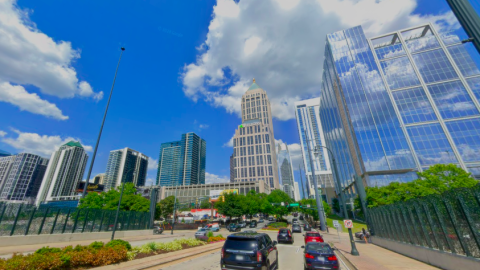 A section of roadway shown in Atlanta where long bike lanes are planned over a bridge and near Georgia Tech.