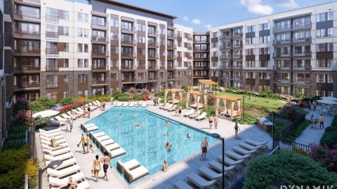 A large pool area shown in the middle of an apartment complex on the southside of Atlanta.