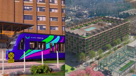 A split-screen image of two images, one with a purplish streetcar and another with a large development project in Atlanta.