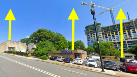 An image of a large site plan on  a corner in Atlanta where three new towers are planned next to many new buildings.