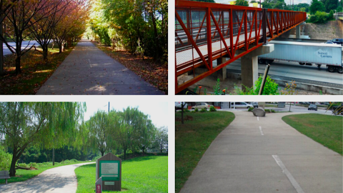 A photo showing many areas of a wide concrete bike trail in parts of Atlanta with many trees.