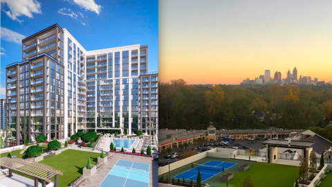 A photo of a new white and glass condo building in the nice Buckhead section of Atlanta with amenities and views to the rest of the city.