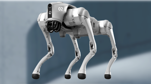 An image showing a robot security system with white and gray components and a futuristic vibe. 