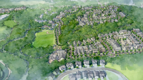 An overview image of a large vacant park site in Northwest Atlanta where a range of housing and many playing fields and playgrounds are proposed to be built.