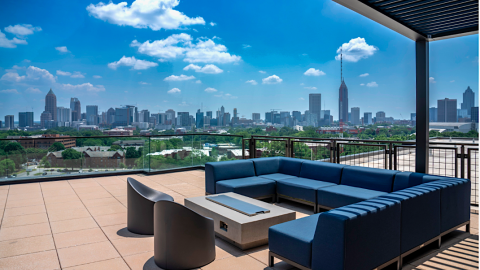 A photo of a large events venue on Atlanta's westside with modern interiors and concrete floors and views across the city.