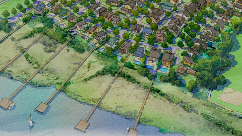 A rendering of a large new home community on an island with many docks and pools near downtown Savannah Georgia. 