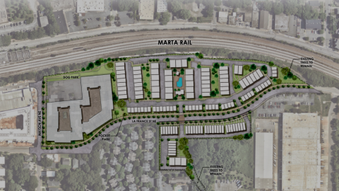 An overview of a large development site in Atlanta near railroad tracks and large roads.