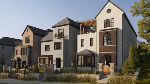 An image showing a row of tall homes along a wide road in Alpharetta north of Atlanta under blue skies.