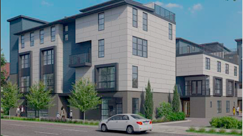 A rendering of a large townhome complex under blue skies along a wide Atlanta street next to many trees. 