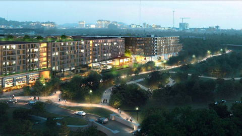 A rendering of a large development with several buildings near many trees and a wide pathway in Midtown Atlanta, under blue skies. 