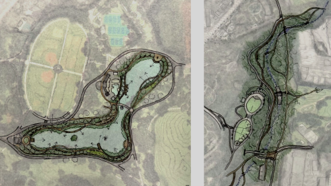 A sketch showing potential expansions with new paths at Piedmont Park Atlanta around a lake and long pathway. 