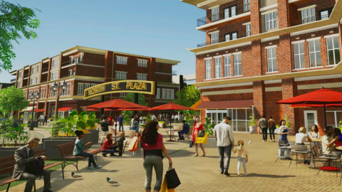 A rendering of a large development site with many buildings under blue skies with plazas and trees and shops near an older downtown in suburban Atlanta.