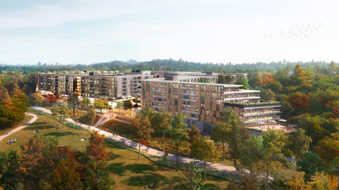 A rendering of a large apartment and office complex under blue gray skies near many trees and a large walking path.