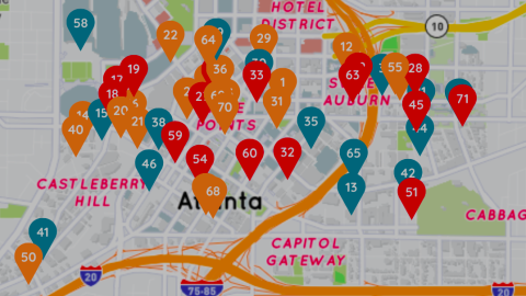 A map with many colors over a grid system of downtown Atlanta streets and highways downtown.