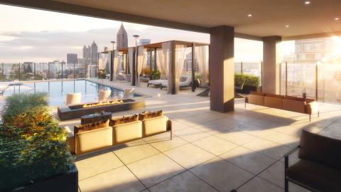 A rendering showing a large new apartment complex among many tall buildings under blue skies with two pools and a white-walled apartments inside. 