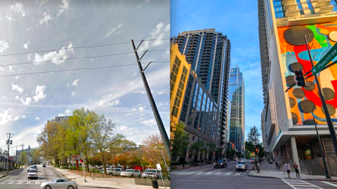 A before/after photo of a large wide street in a city under blue skies. 