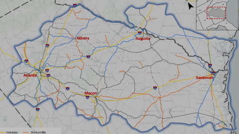 A map of the state of Georgia and a graphic to go with it with rail lines shown.