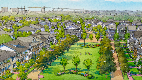 A watercolor image of a large new housing development between bodies of water in Savannah Georgia next to a towering bridge.